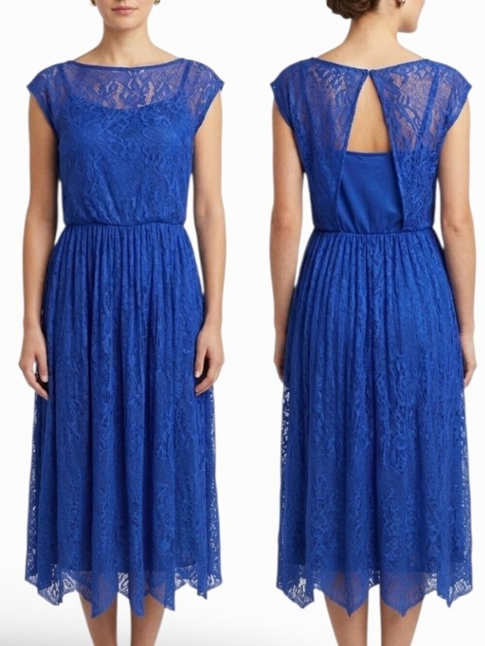 Vintage JCPenney 80s Royal Blue Lace Maxi Dress Modest Overlay
